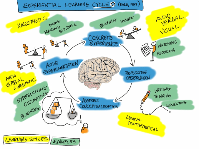 Picture showing experiential learning cycle. There is a picture of a brain in the middle, and a stick figure acting out each stage of the cycle.