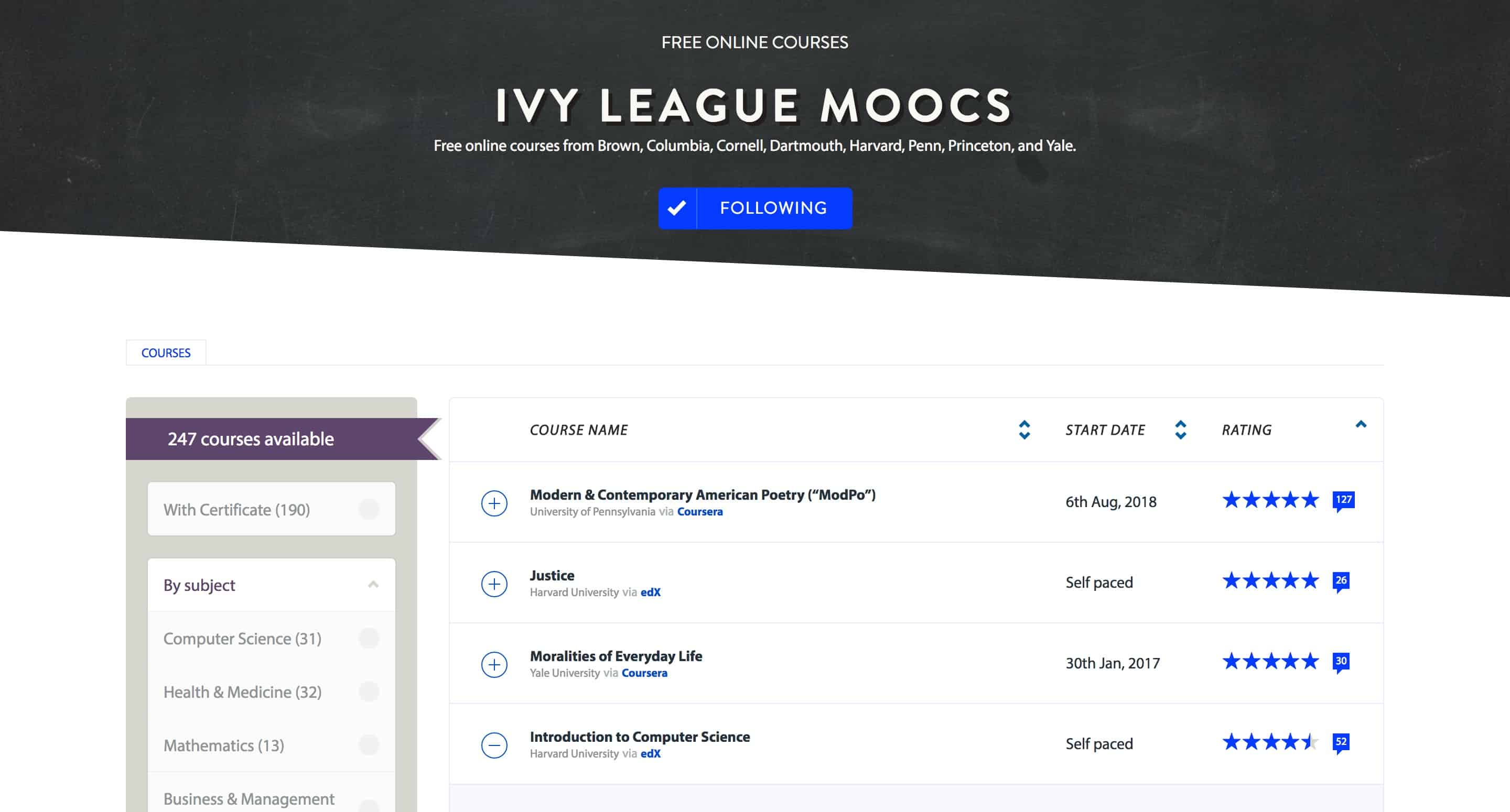 Ivy League MOOCS screenshot