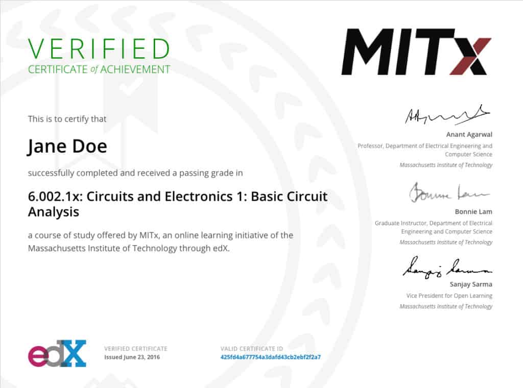 Sample MITx Certificate
