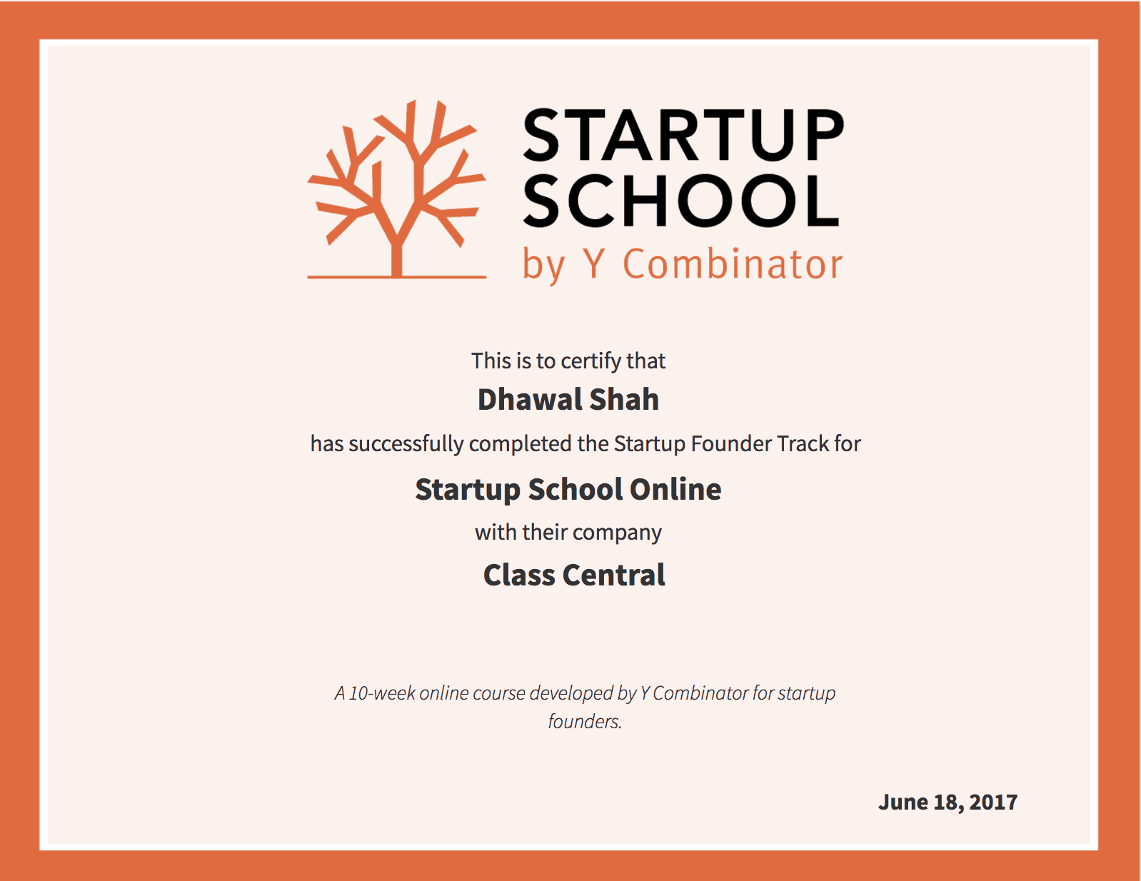 Class Central Startup School Certificate