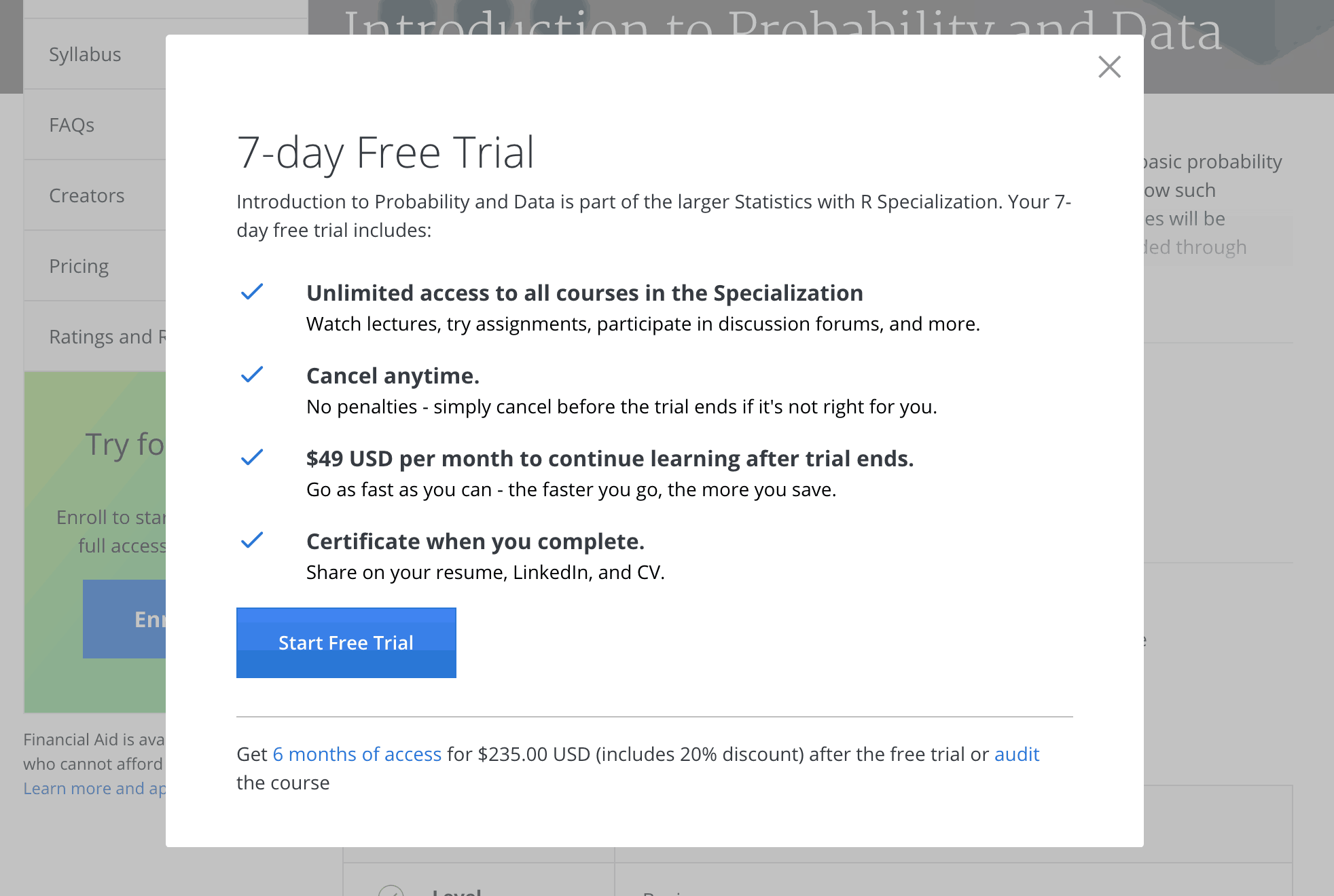 Coursera Free Trial Signup Popup