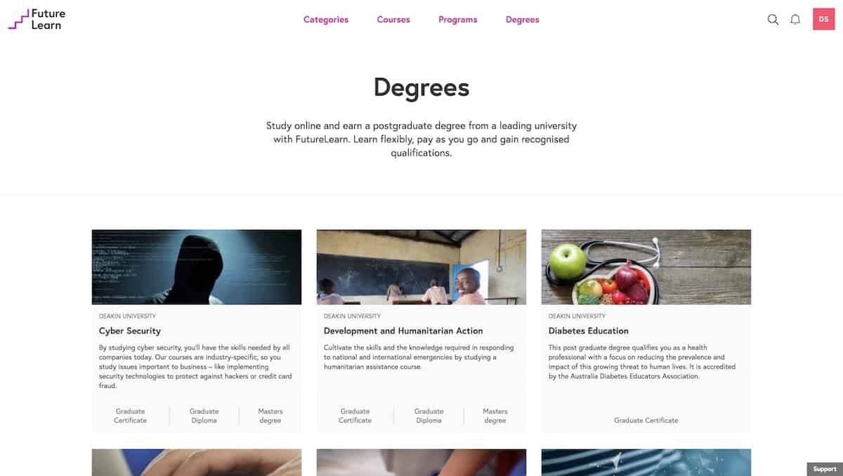 FutureLearn Degrees page screenshot