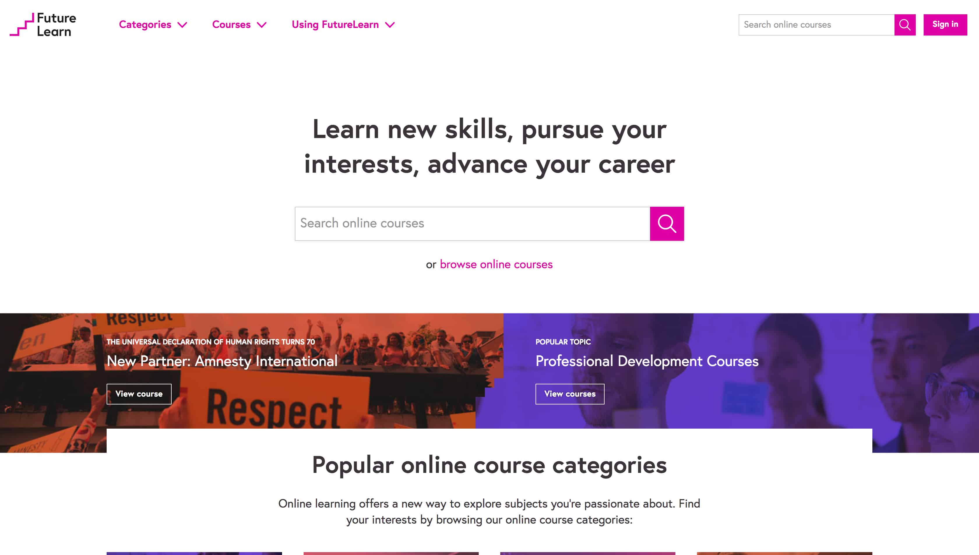 FutureLearn's Homepage December 2018