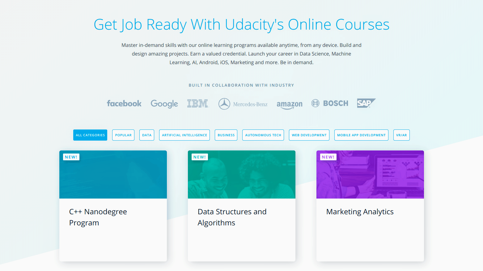 Udacity homepage with new Nanodegrees