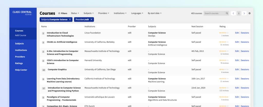 Internal course catalog dashboard