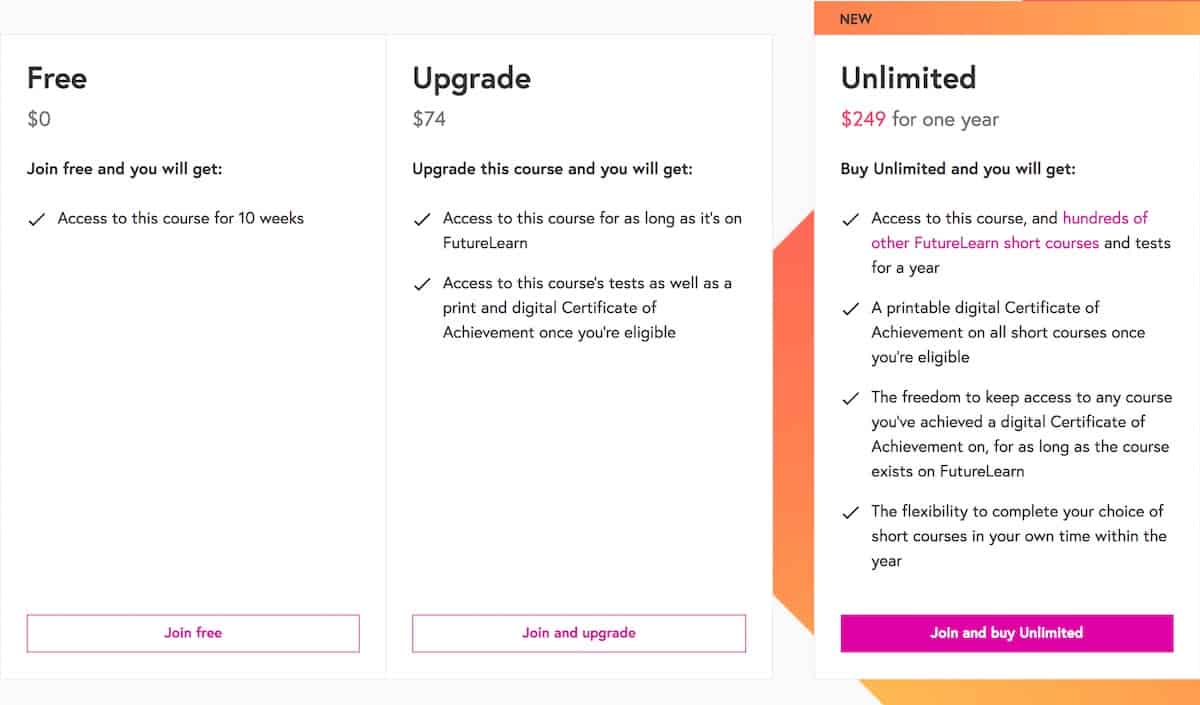 FutureLearn pricing tiers: Free, Upgrade, and Unlimited.