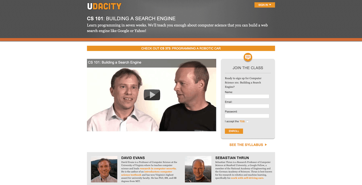 Udacity first homepage
