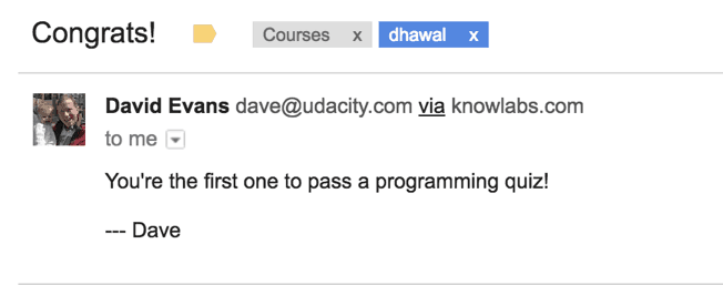 Udacity Dave Evans Email to Dhawal