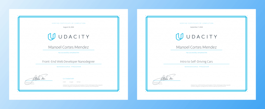 Two Udacity Nanodegree certificats side by side