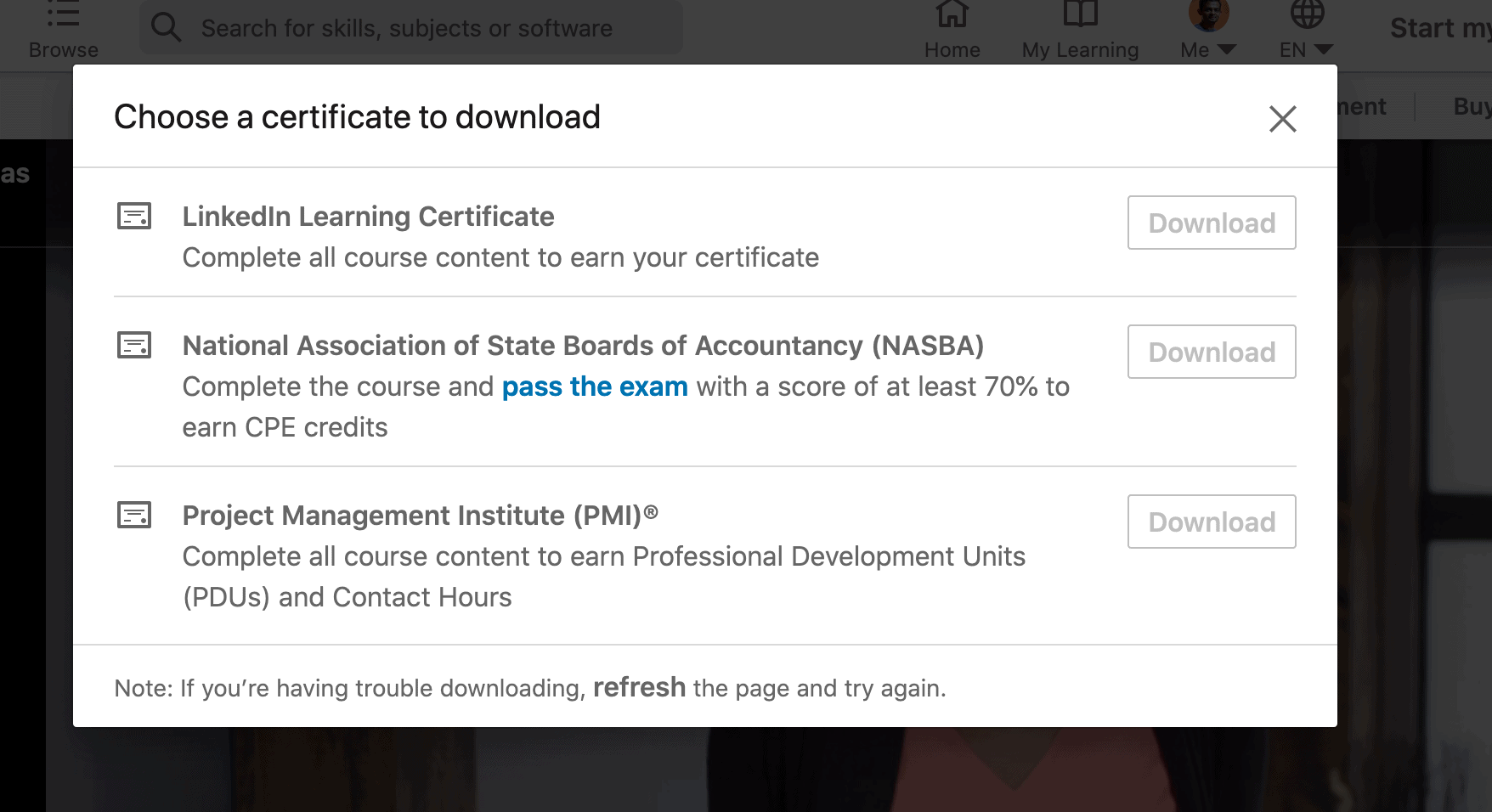 Linkedin Learning Certificate Popup