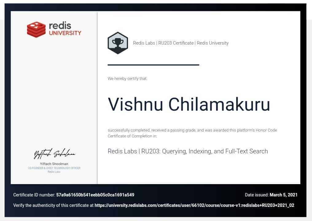 Redis University Certificate: Querying, Indexing and Full-Text Search