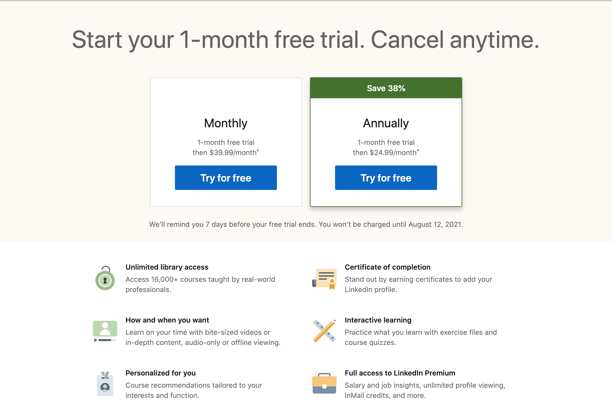 LinkedIn Learning pricing page screenshot