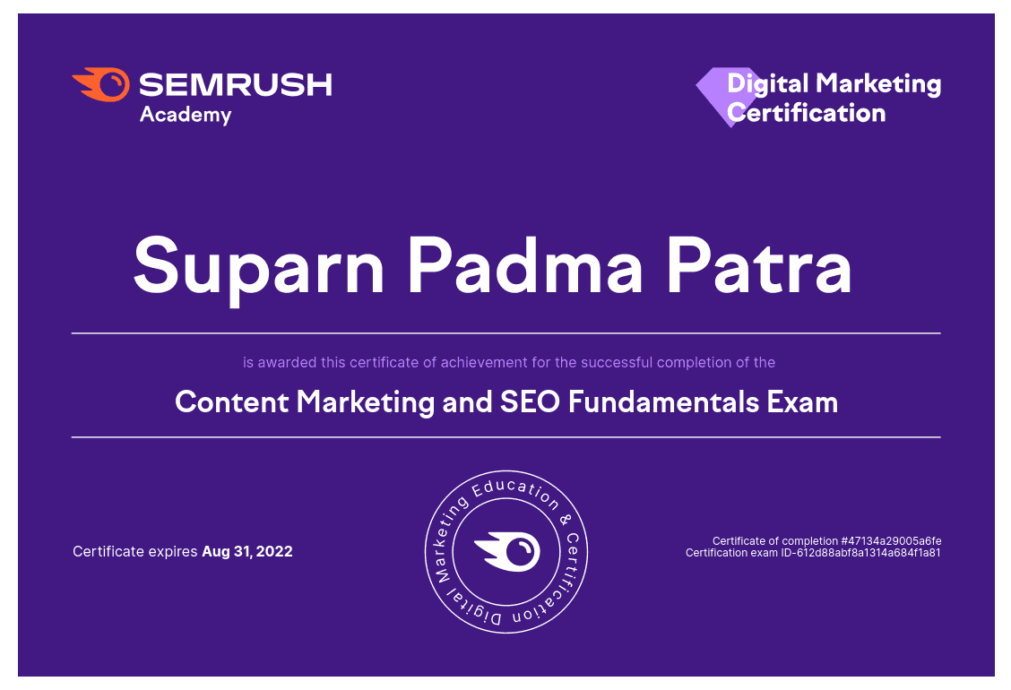 SEMRUSH Academy Certificate: Content Marketing and SEO Fundamentals Exam