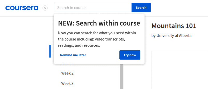 Coursera’s new functionally: search within a course