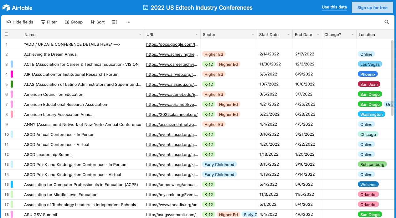 2022 US Edtech Industry Conferences - Airtable List Screenshot