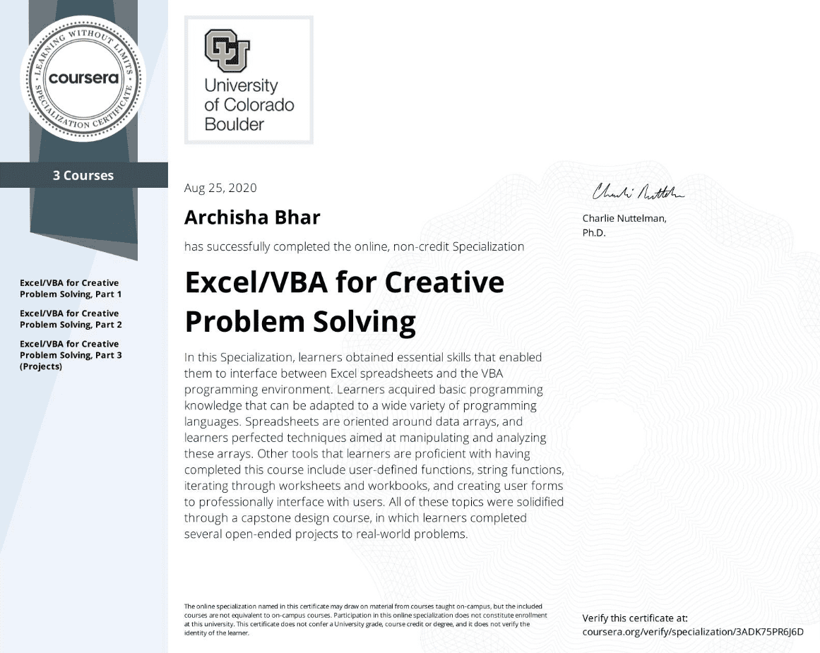 excel/vba for creative problem solving specialization