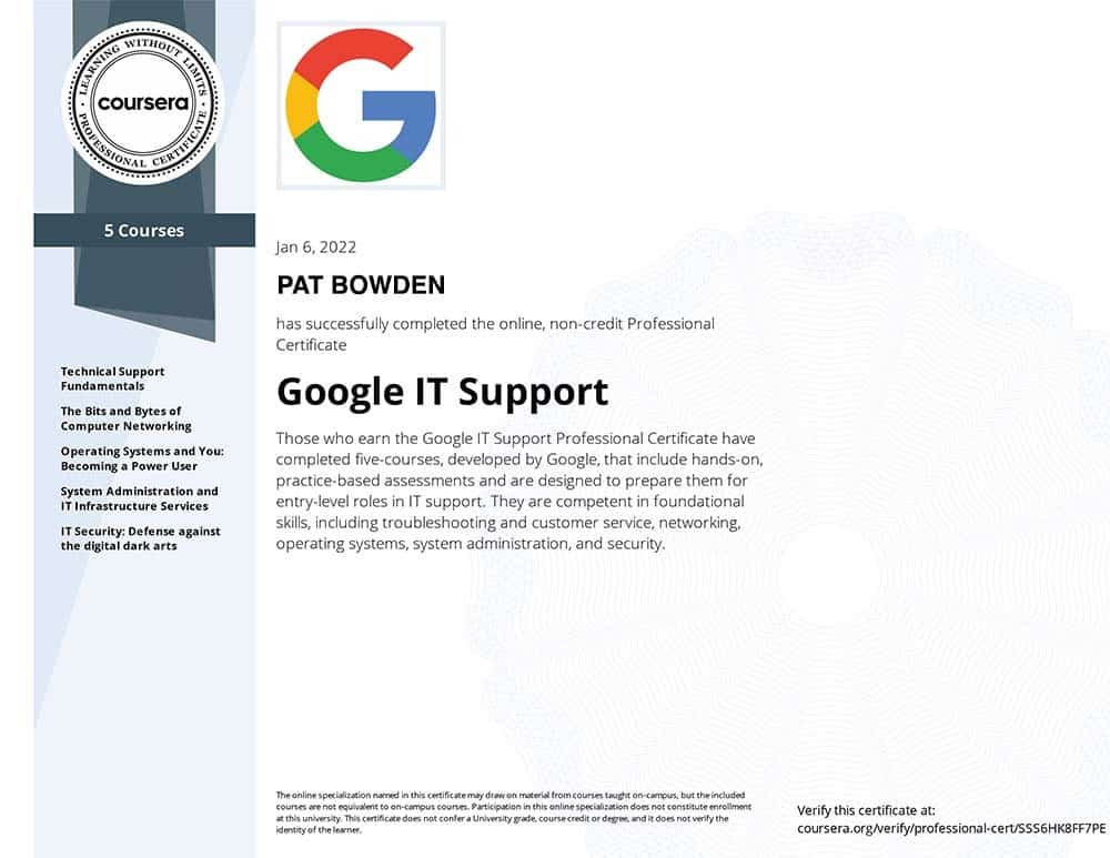 Pat Bowden Google Support Professional Certificate