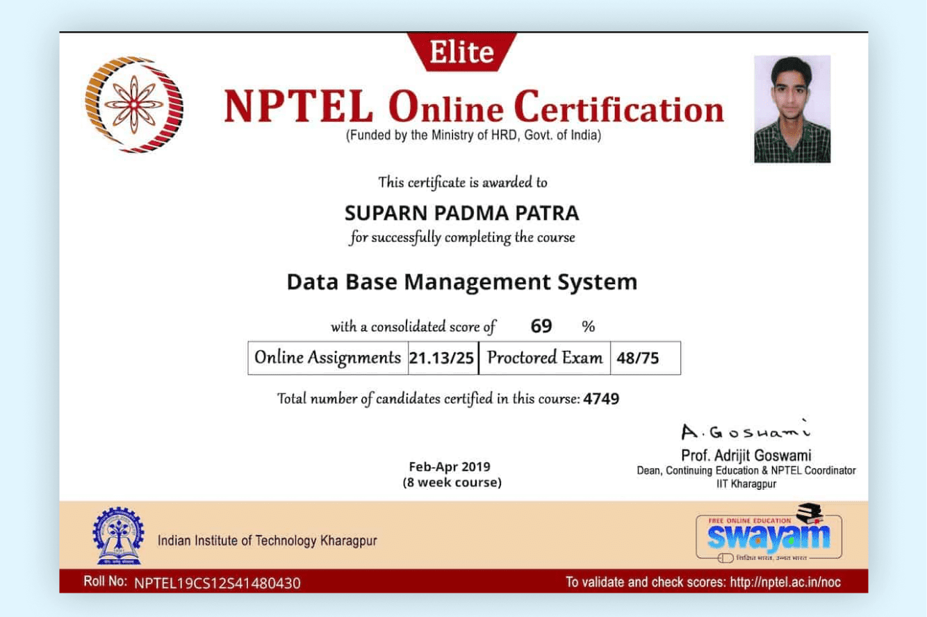 The certificate of completion for my Swayam database course